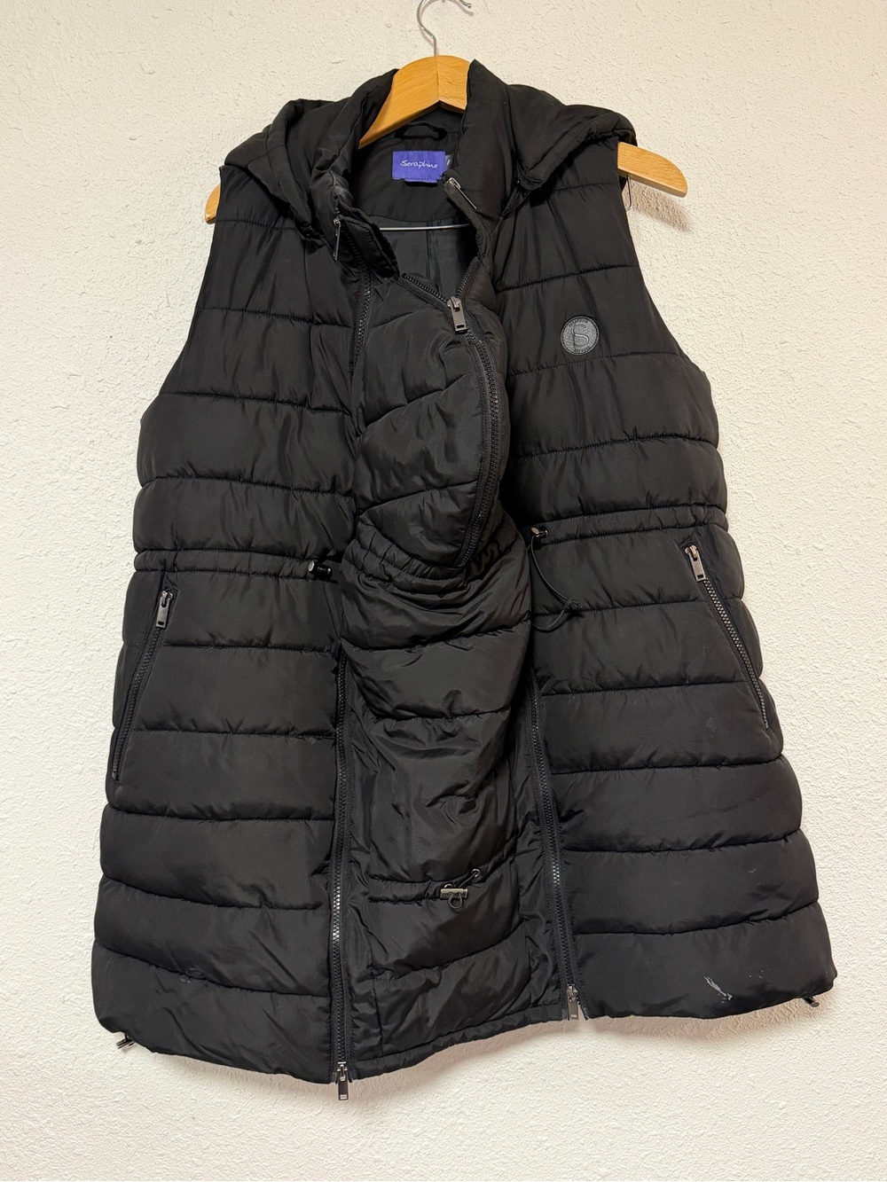 Seraphine Long Line Puffer Vest 3-1 maternity baby wearing size 6